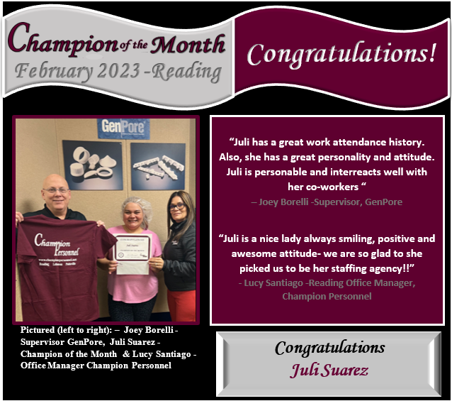 February Champion of the Month - Reading